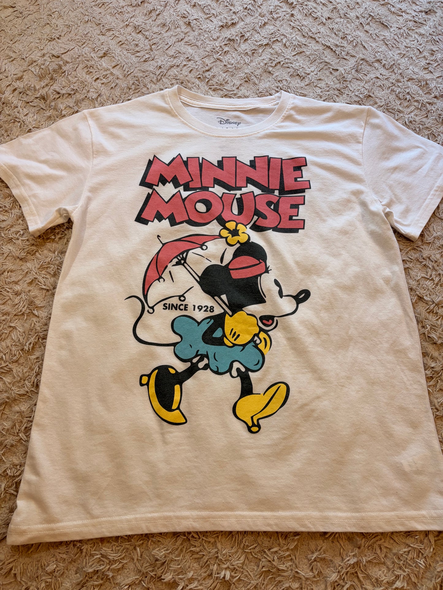 T-shirt Disney Minnie Mouse Since 1928 Vintage Blanc Crème Ombrelle 50% Coton 50% Polyester – Femme – Taille L
