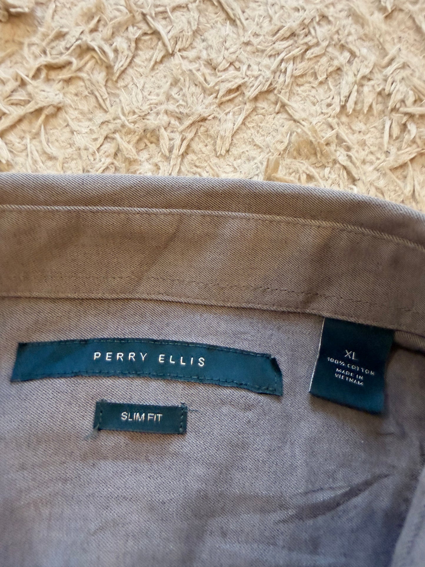Chemise Perry Ellis Slim Fit Gris Taupe Uni Texturé 100% Coton – Homme – Taille XL