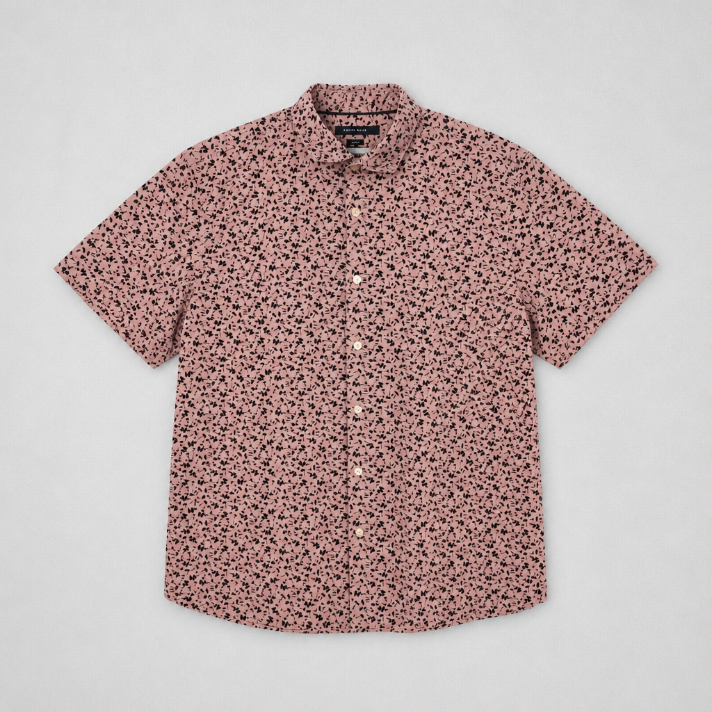 Chemise Perry Ellis Slim Fit florale all-over vieux rose motifs noirs 100% coton manches courtes – Homme – Taille L | Mode Seconde