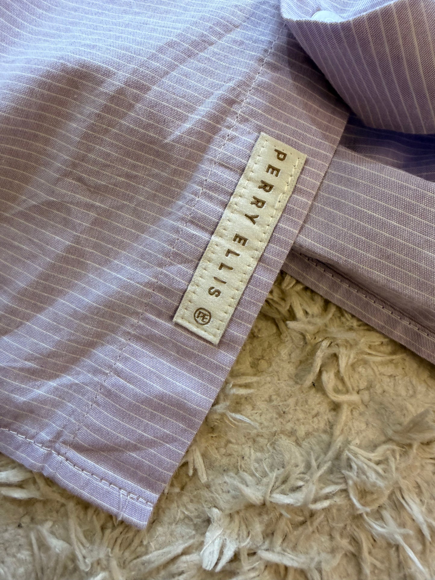 Chemise Manches Courtes Perry Ellis Ombré Rayures Blanc/Violet Lilas 100% Coton – Homme – Taille XL