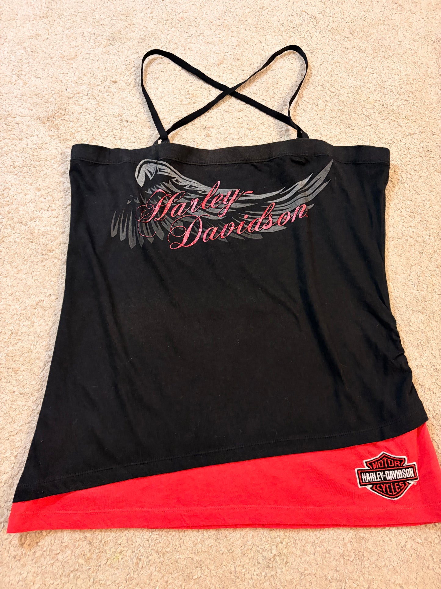 Top Débardeur Harley-Davidson Asymétrique Bretelles Croisées Noir/Rouge Paillettes – Femme – Taille L