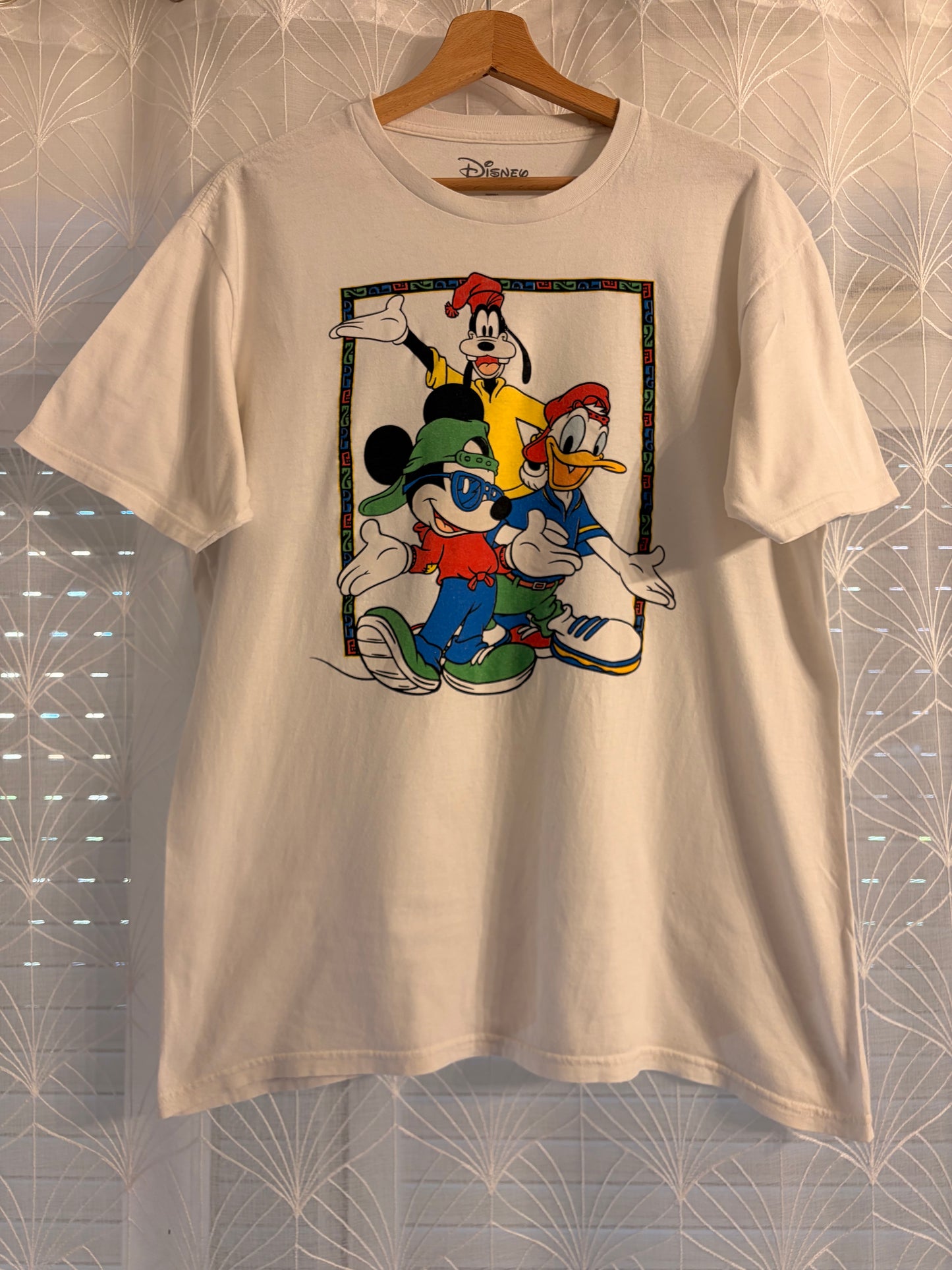 T-shirt Disney Mickey Donald Dingo Streetwear Hip-Hop Vintage 90s Blanc Crème 100% Coton – Unisexe – Taille L