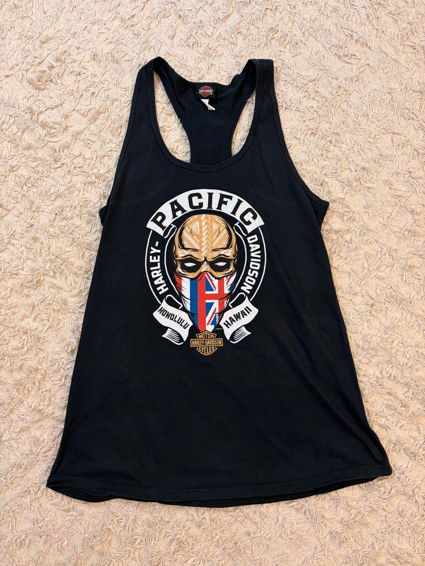 Débardeur Harley-Davidson Pacific Honolulu Hawaii Skull Tribal Racerback Noir – Femme – Taille L
