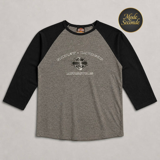 T-shirt raglan Harley-Davidson vintage 2004 La Crosse Area Onalaska Wisconsin gris chiné/noir manches 3/4 100% coton Made in USA – Femme – Taille M/L | Mode Seconde
