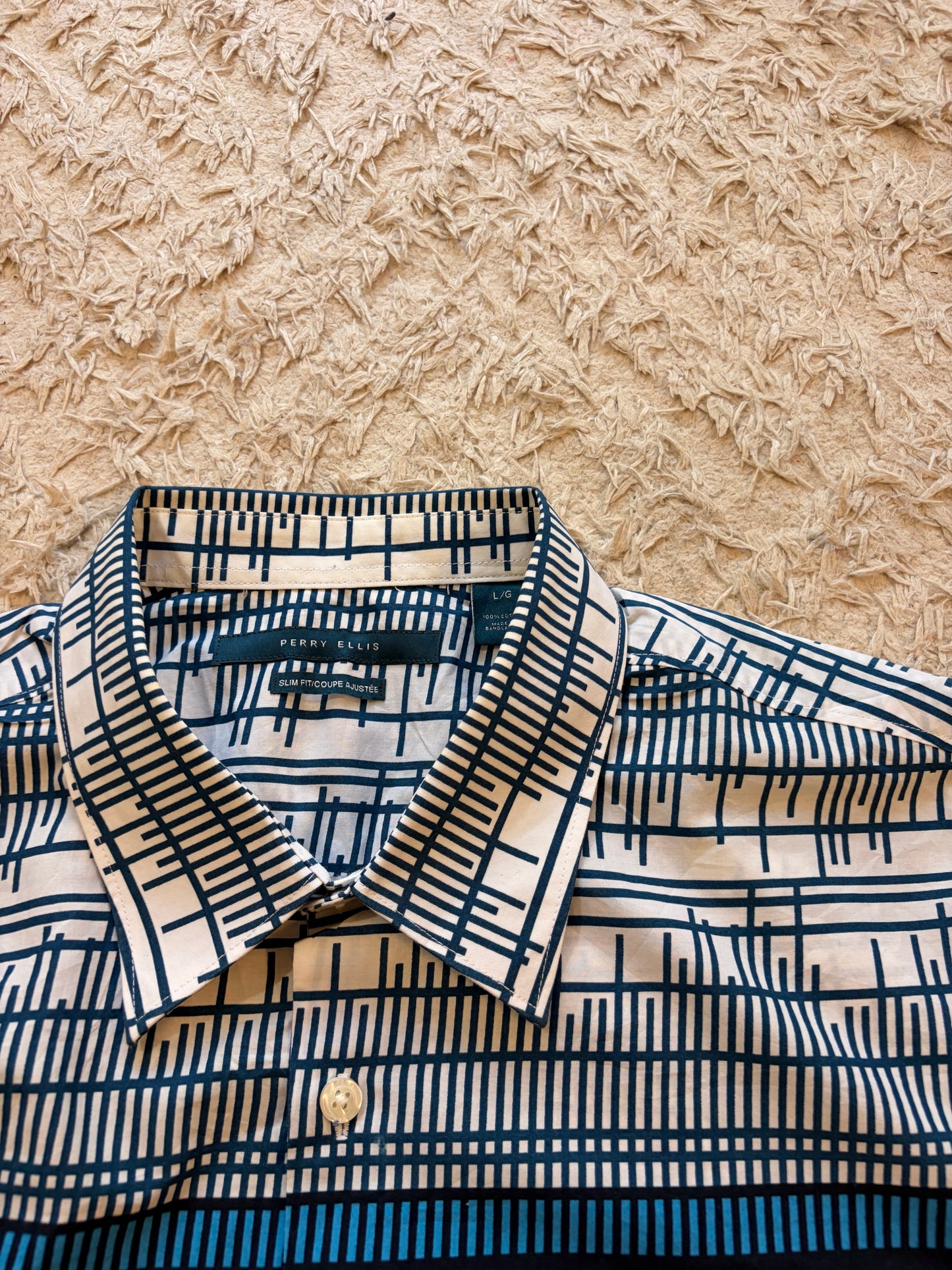 Chemise Manches Courtes Perry Ellis Slim Fit Graphique Blanc/Bleu/Rouge Bande Contrastée – Homme – Taille L