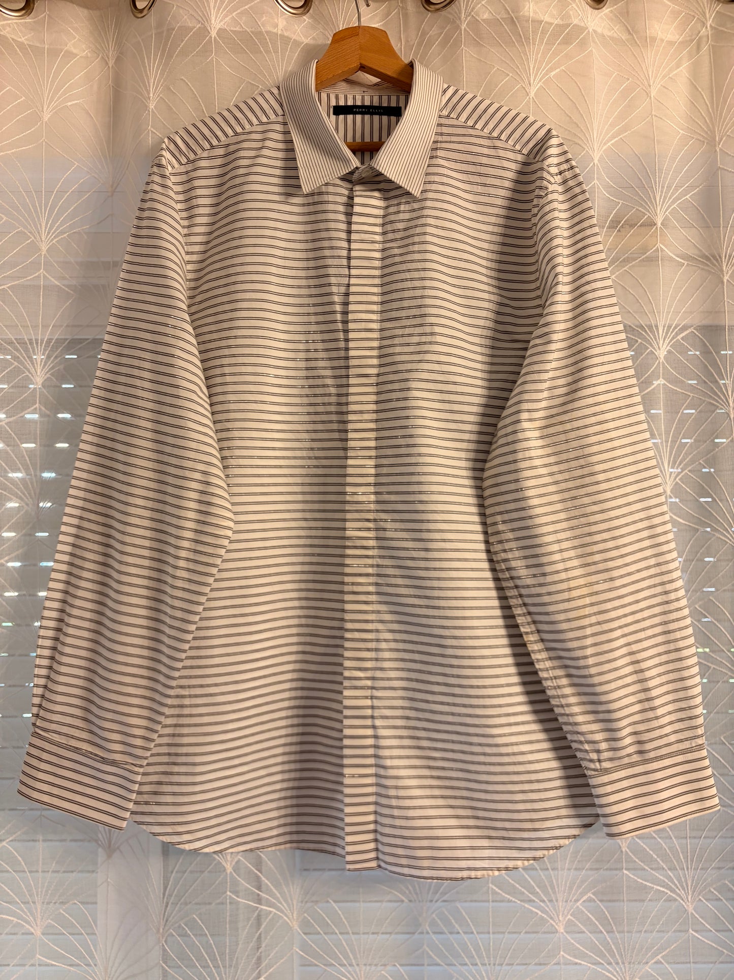Chemise Perry Ellis Rayures Horizontales/Verticales Contrastées Blanc/Noir 99% Coton – Homme – Taille XL