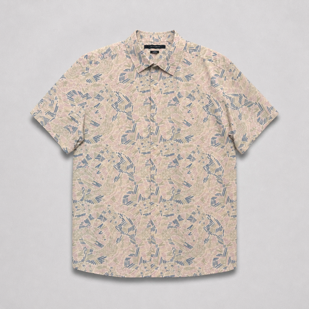 Chemisette Perry Ellis stretch motifs abstraits pastel blanc violet bleu manches courtes homme taille XL – Mode Seconde