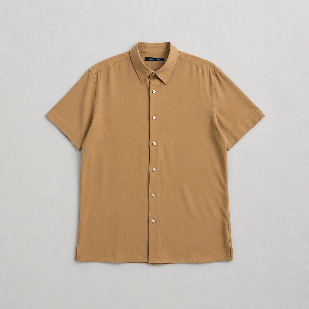 Chemise Perry Ellis beige sable 100% viscose manches courtes fluide soyeuse – Homme – Taille L | Mode Seconde