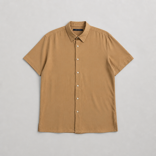 Chemise Perry Ellis beige sable 100% viscose manches courtes fluide soyeuse – Homme – Taille L | Mode Seconde
