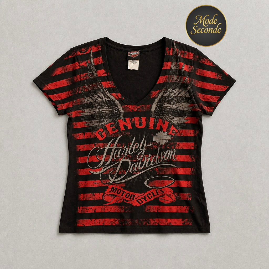 T-shirt Harley-Davidson Rimouski Québec grunge corset col V 100% coton – Femme – Taille M | Mode Seconde