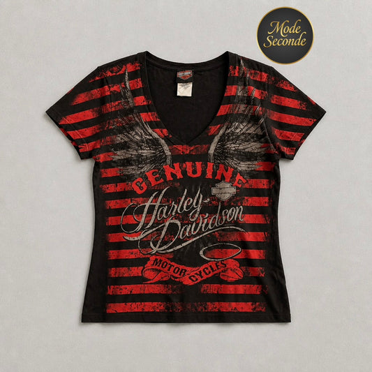 T-shirt Harley-Davidson Rimouski Québec grunge corset col V 100% coton – Femme – Taille M | Mode Seconde