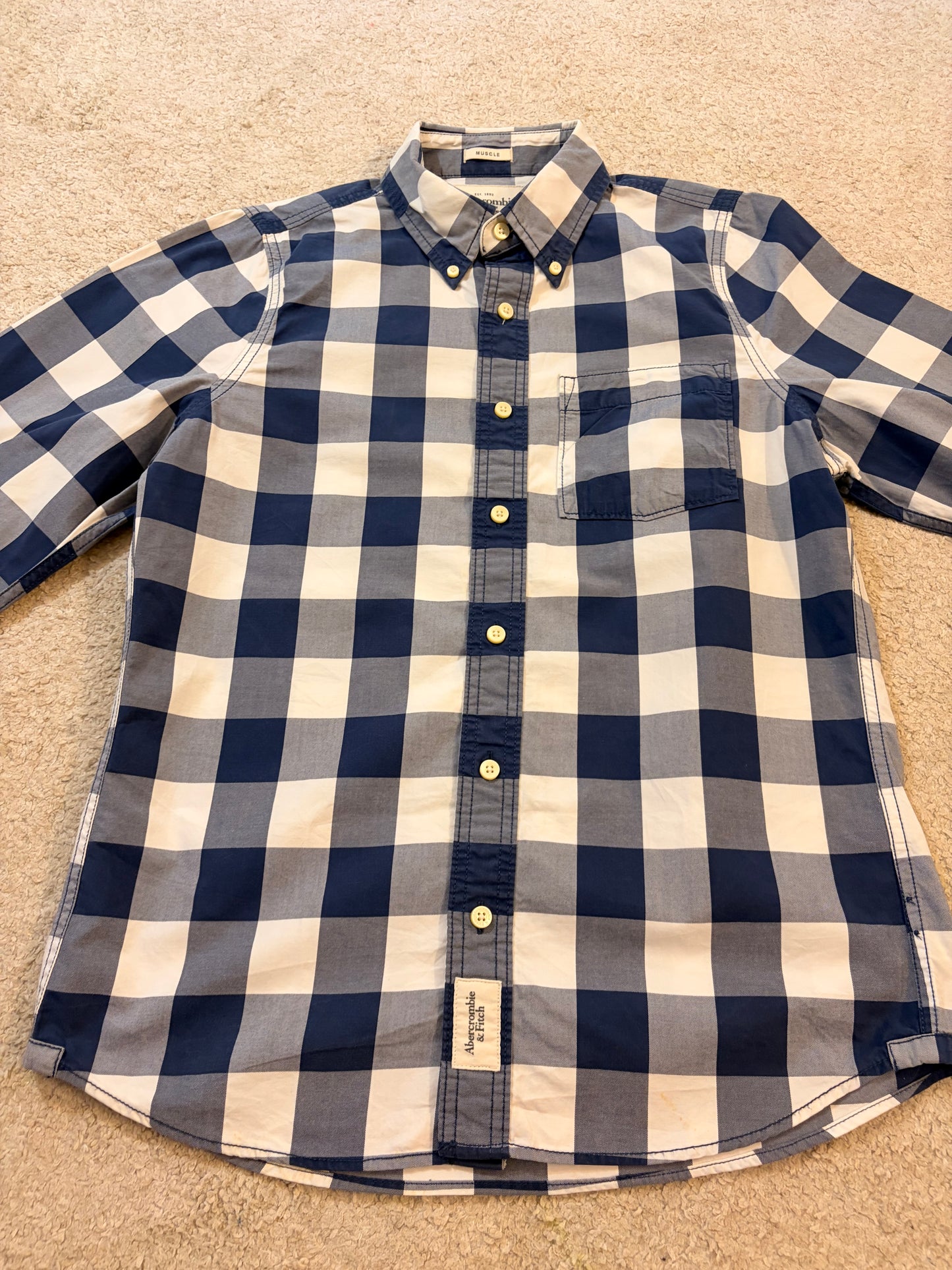 Chemise Abercrombie & Fitch Carreaux Bleu Marine/Blanc Muscle Fit Button-Down – Homme – Taille M