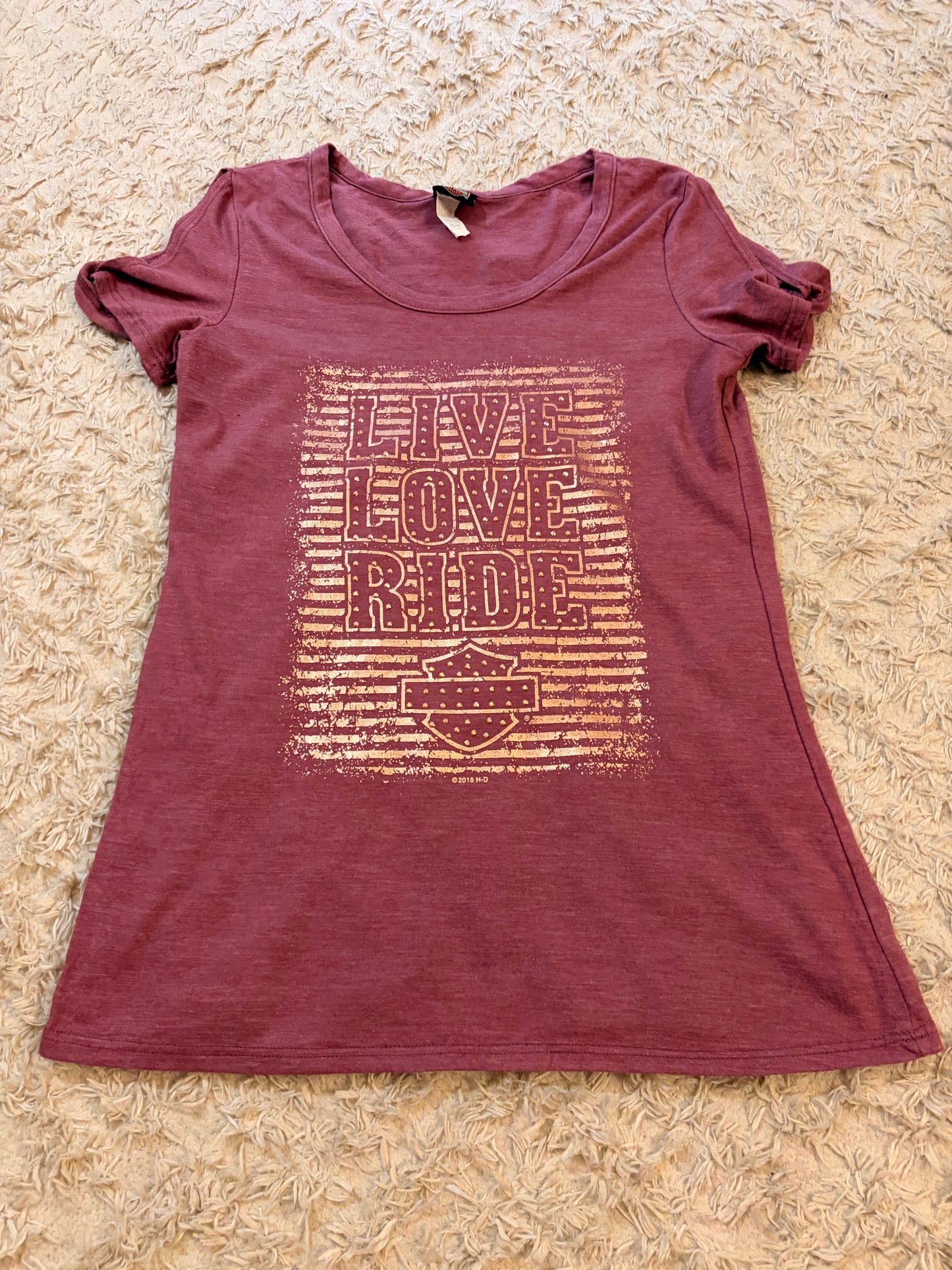 T-shirt Harley-Davidson Live Love Ride Rose Chiné Cold Shoulder Strass Dorés Dos Asheville NC 50% Polyester – Femme – Taille S
