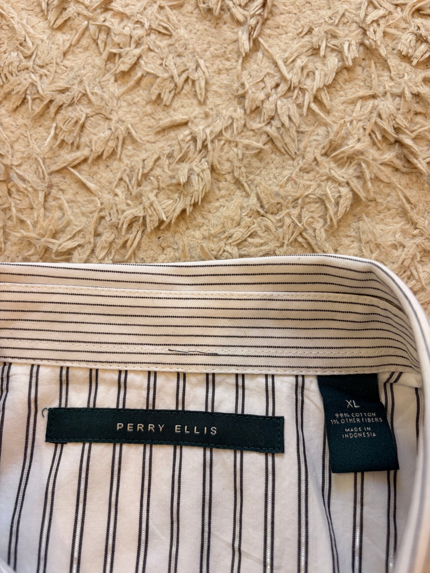 Chemise Perry Ellis Rayures Horizontales/Verticales Contrastées Blanc/Noir 99% Coton – Homme – Taille XL