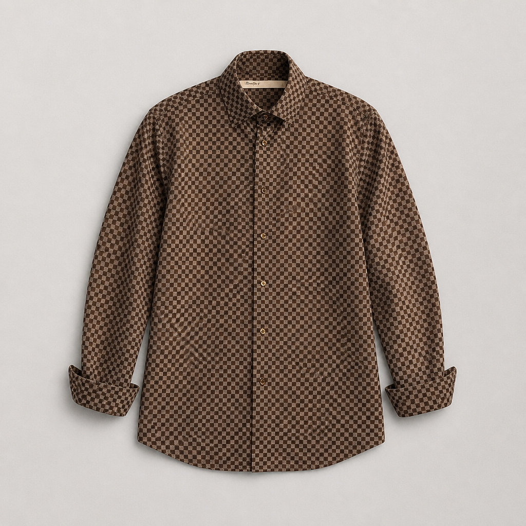 Chemise Perry Ellis luxe soie coton carreaux marron taupe manches longues homme taille L – Mode Seconde