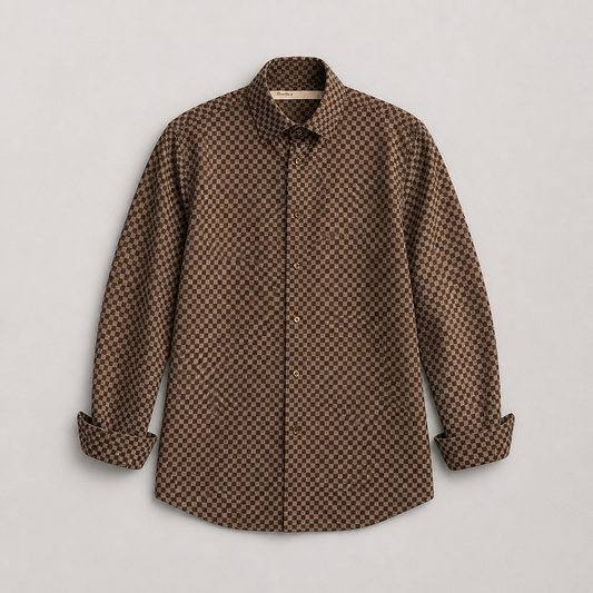 Chemise Perry Ellis luxe soie coton carreaux marron taupe manches longues homme taille L – Mode Seconde