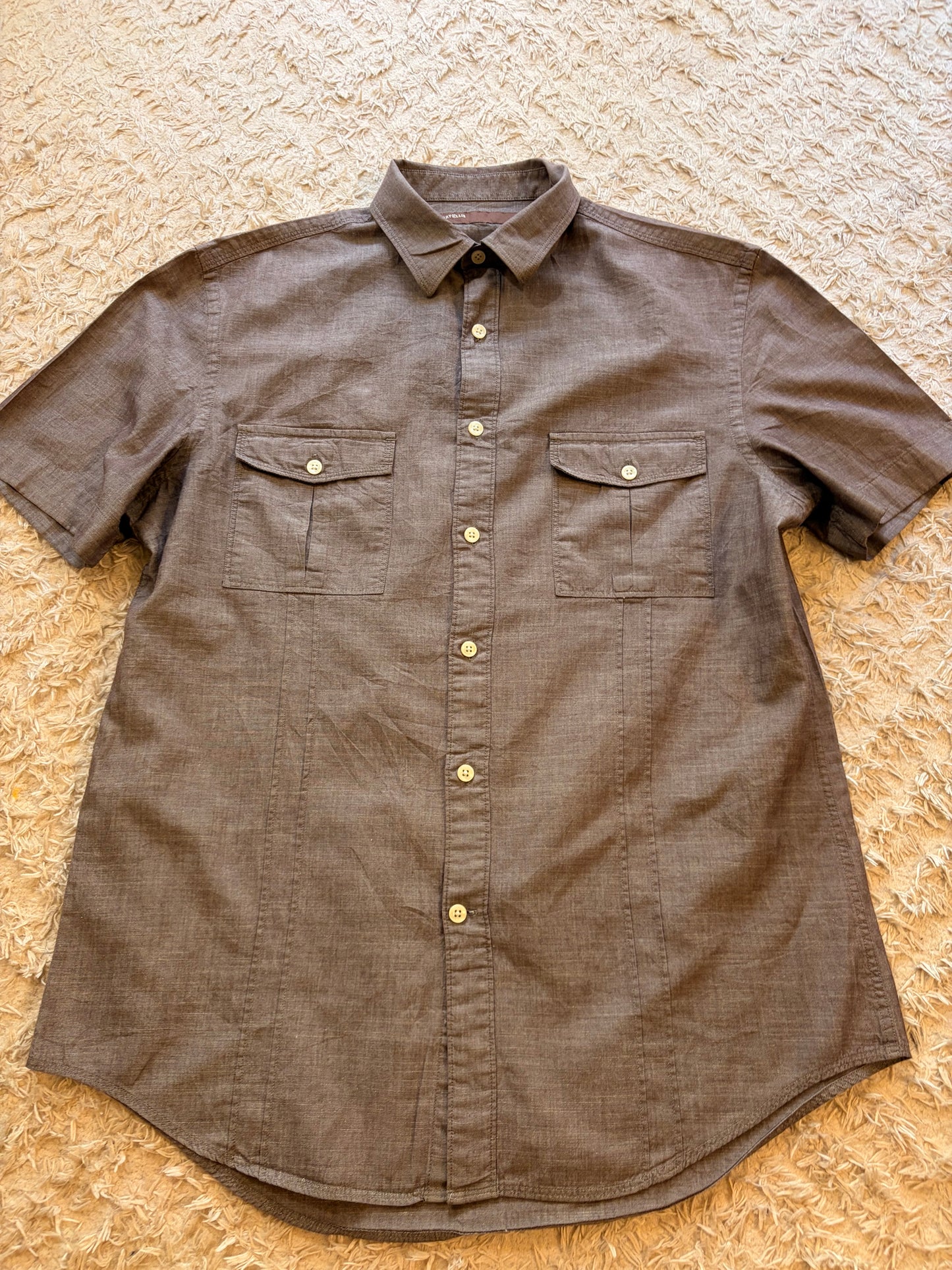 Chemise Manches Courtes Perry Ellis Marron/Taupe Chiné 100% Coton Double Poche – Homme – Taille M
