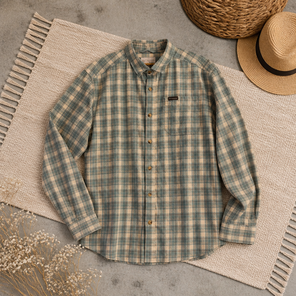 Chemise Columbia Vapor Ridge III Plaid carreaux bleu ciel/blanc/beige 97% coton 3% élasthanne stretch poche brodée – Homme – Taille L | Mode Seconde