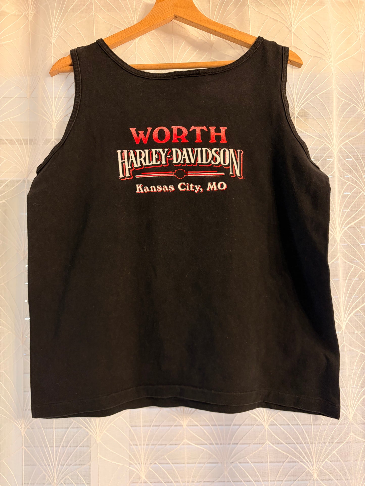 Débardeur Harley-Davidson Vintage 1995 Noir Délavé Hanes Her Way Pinstriping Rouge Dos Worth Kansas City Missouri 100% Coton Made in USA – Femme – Taille M