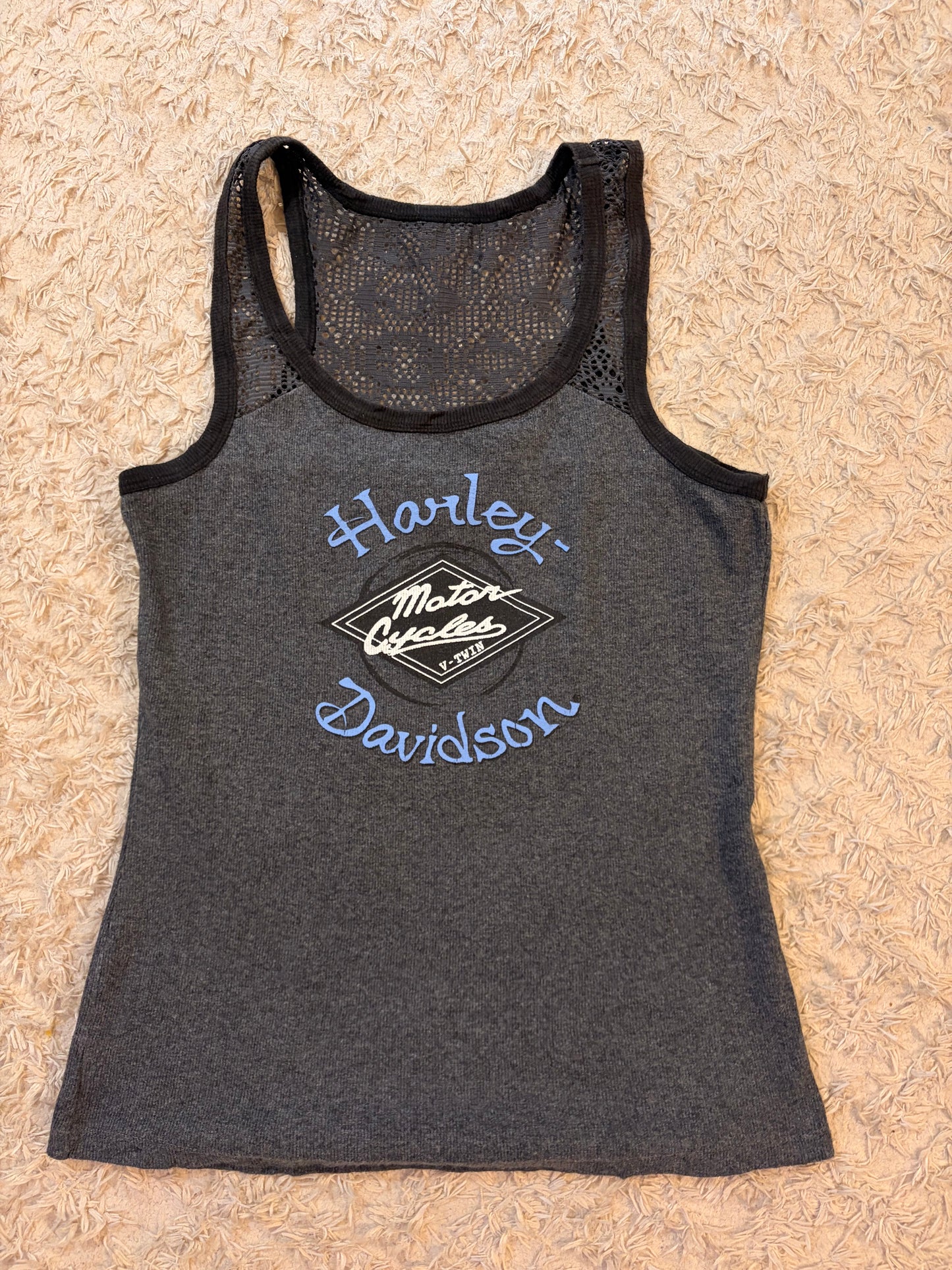 Débardeur Harley-Davidson Genuine Motorclothes Gris Anthracite Résille Dentelle Noire Maille Côtelée – Femme – Taille S
