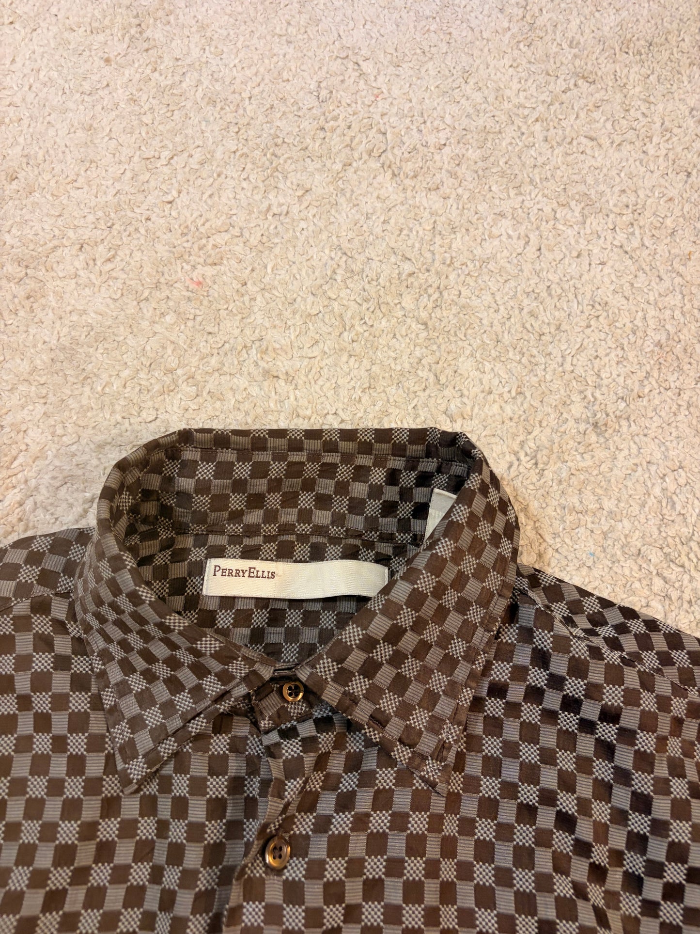 Chemise Perry Ellis Luxe Soie/Coton Carreaux Marron/Taupe Manches Longues – Homme – Taille L