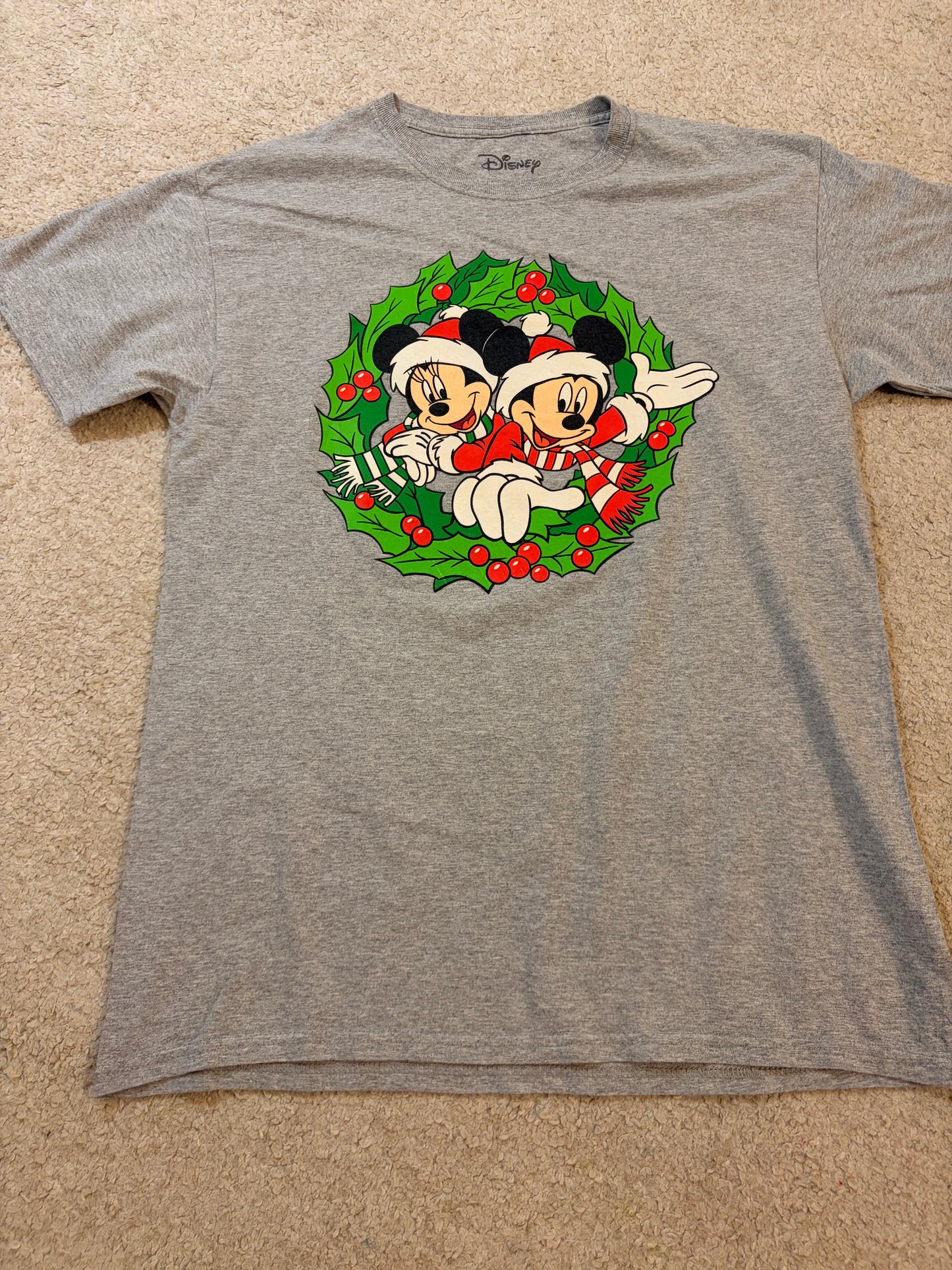 T-shirt Disney Noël Mickey & Minnie Mouse Couronne de Houx Gris Chiné – Mixte – Taille L