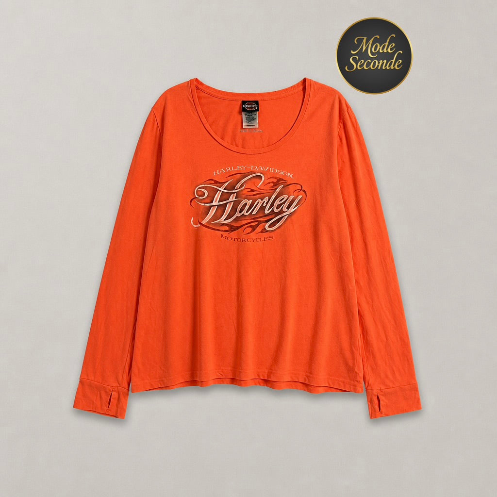 T-shirt manches longues Harley-Davidson Glendale California Love Ride orange corail flammes rétro passes-pouces 100% coton – Femme – Taille XL | Mode Seconde