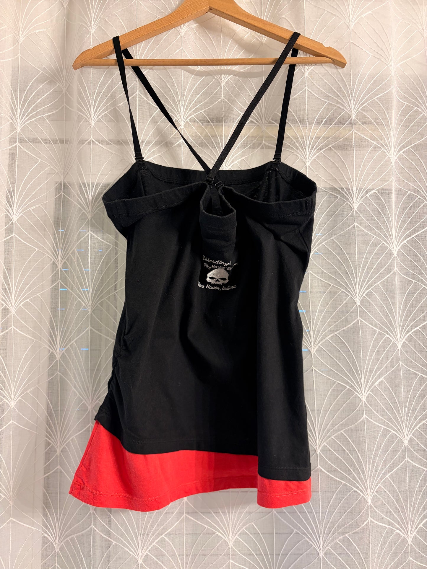 Top Débardeur Harley-Davidson Asymétrique Bretelles Croisées Noir/Rouge Paillettes – Femme – Taille L