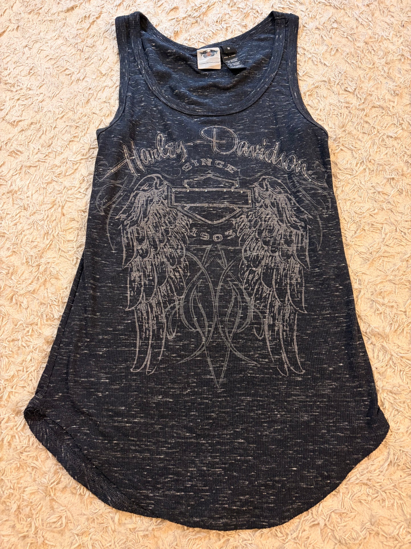 Débardeur Harley-Davidson Genuine MotorClothes Gris Anthracite Chiné Motif Ailes Strass Tissu Côtelé Stretch – Femme – Taille M