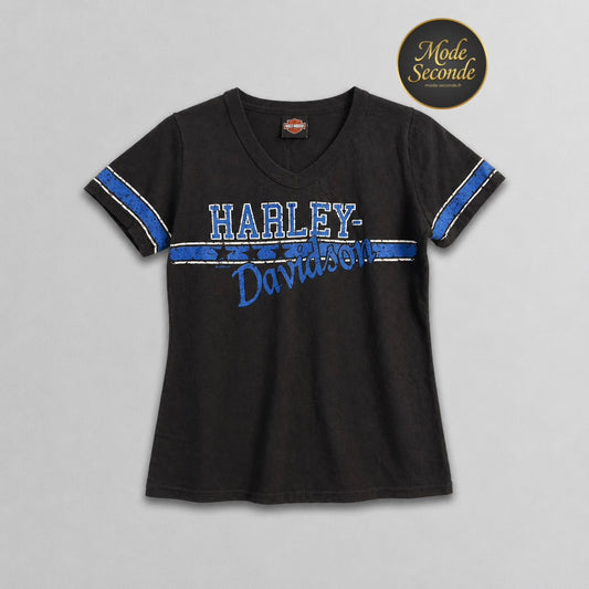 T-shirt Harley-Davidson noir/bleu col V style sport vintage – Femme – Taille S/M | Mode Seconde