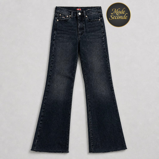 Jean Tommy Jeans Sylvia High Flare bleu foncé brut W25/L32 98% coton 2% élasthanne raw hem taille haute – Femme | Mode Seconde