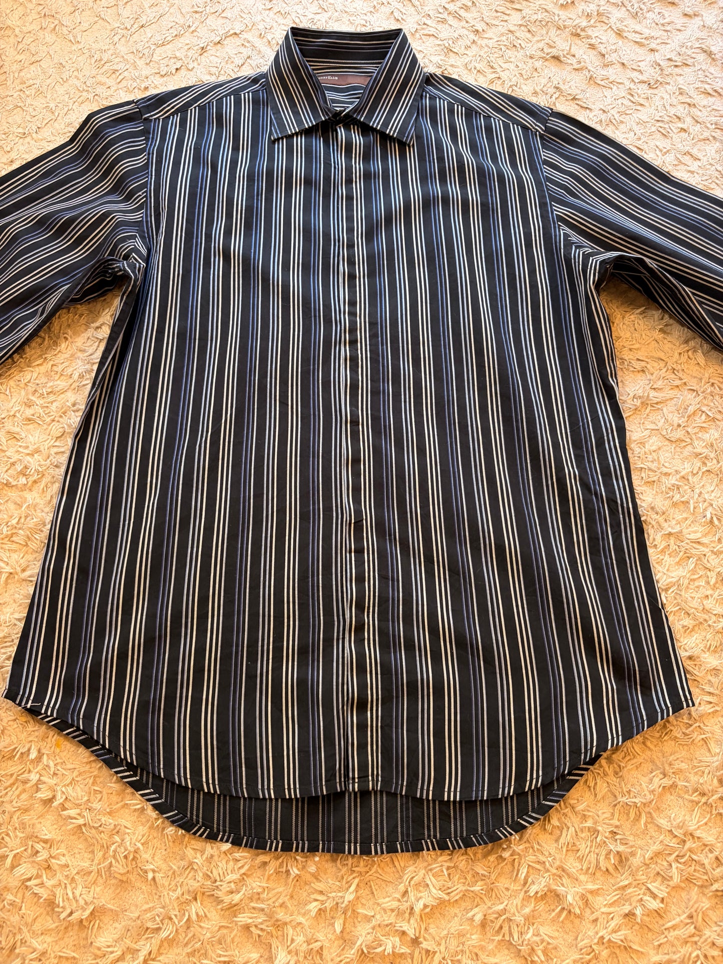 Chemise Perry Ellis Rayures Verticales Fines Noir/Bleu/Violet/Blanc 100% Coton Boutonnière Cachée – Homme – Taille S