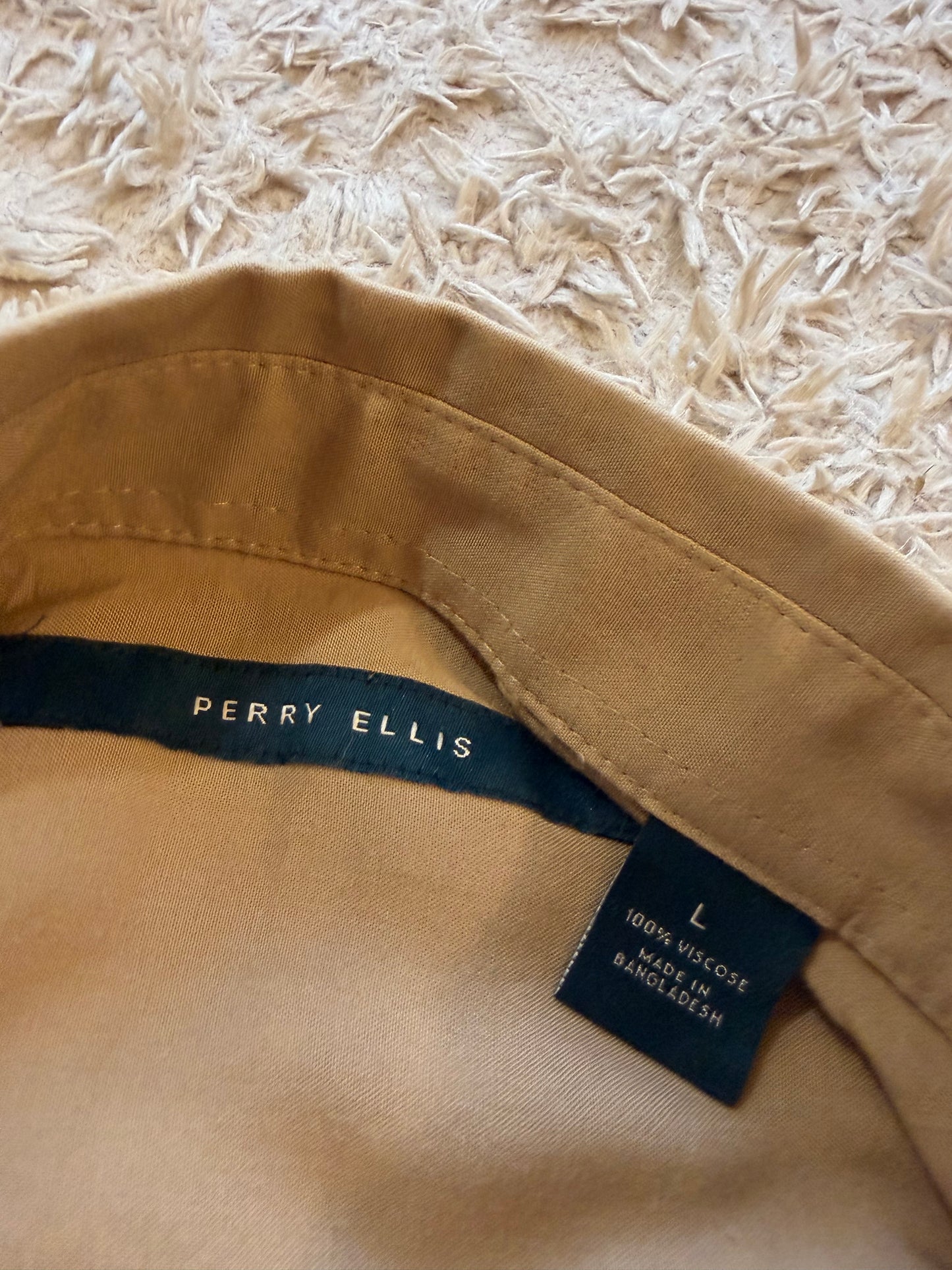 Chemise Perry Ellis Beige Sable 100% Viscose Manches Courtes Fluide Soyeuse – Homme – Taille L