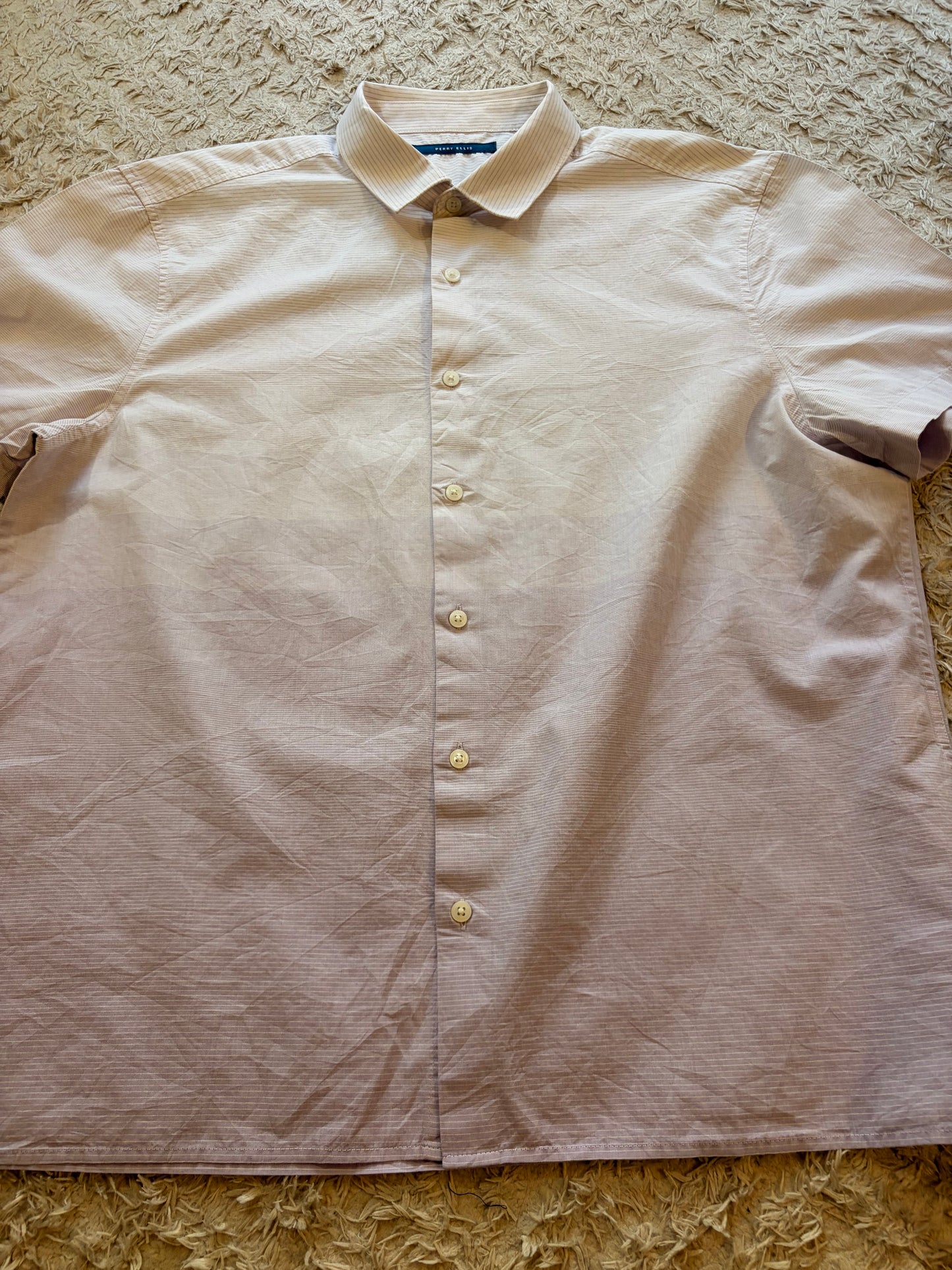 Chemise Manches Courtes Perry Ellis Ombré Rayures Blanc/Violet Lilas 100% Coton – Homme – Taille XL