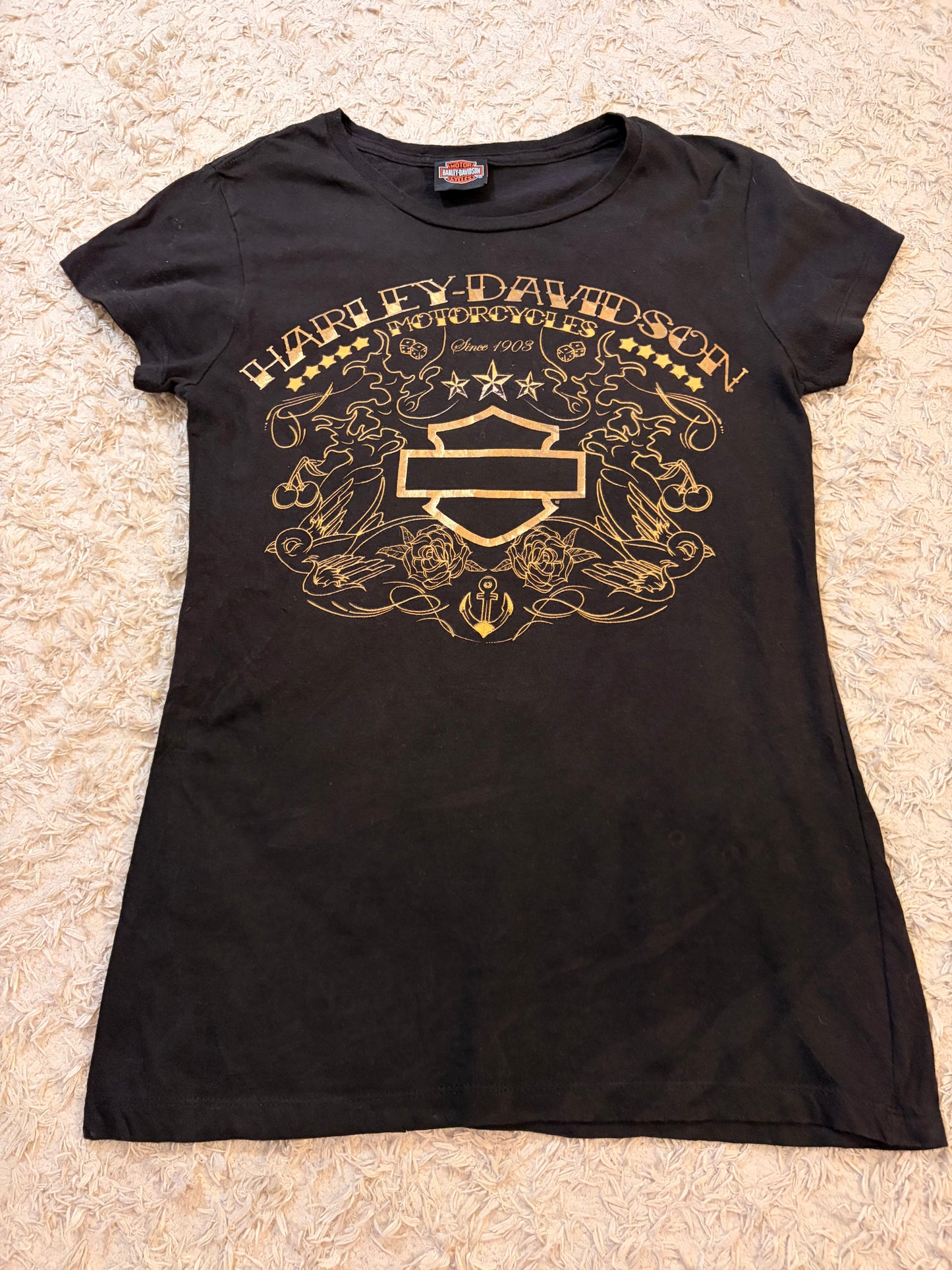 T-shirt Harley-Davidson Bahamas Noir Imprimé Doré Tatouage Roses Ancre Hibiscus 100% Coton – Unisexe – Taille XL