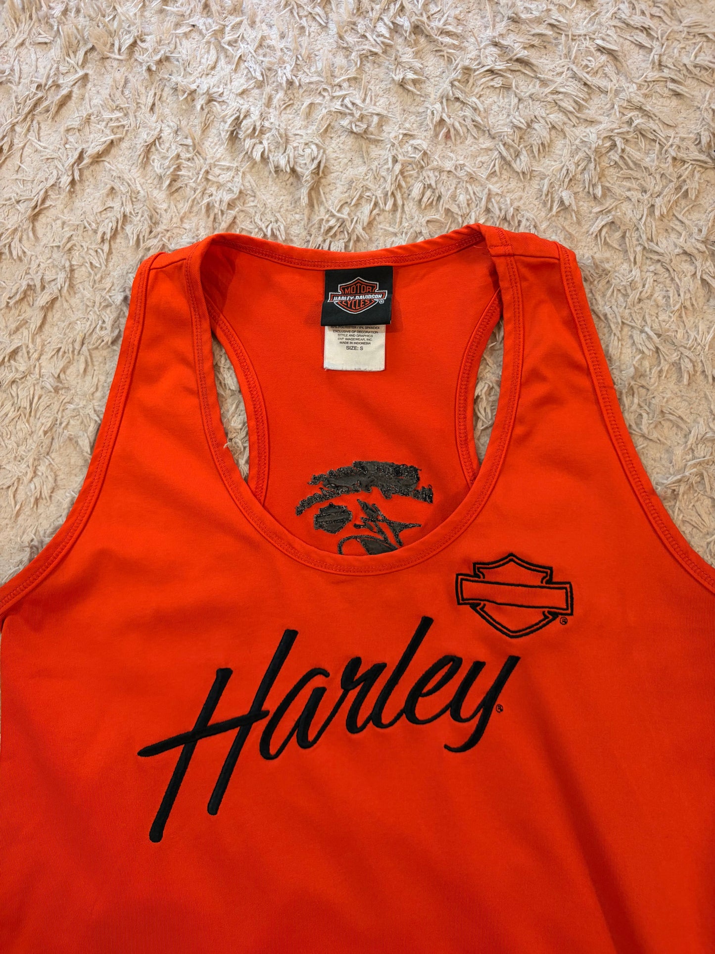 Débardeur Harley-Davidson Ridge Runner Chattanooga Tennessee Dos Nageur Racerback Orange Vif Brodé Cursive Noire 92% Polyester – Femme – Taille S