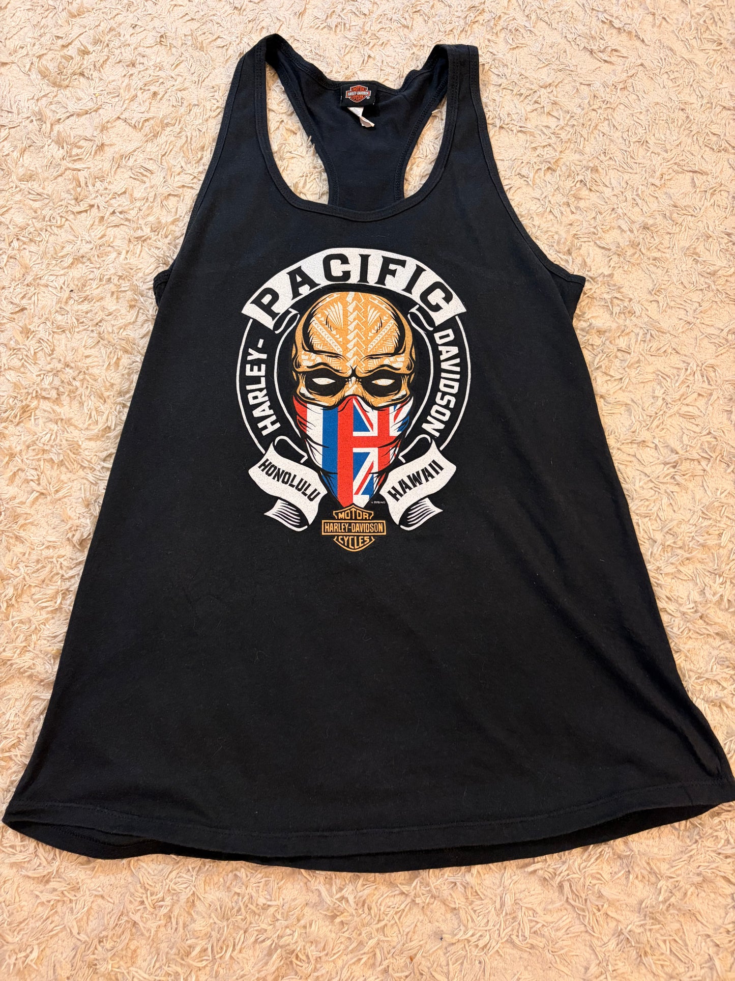 Débardeur Harley-Davidson Pacific Honolulu Hawaii Skull Tribal Racerback Noir – Femme – Taille L