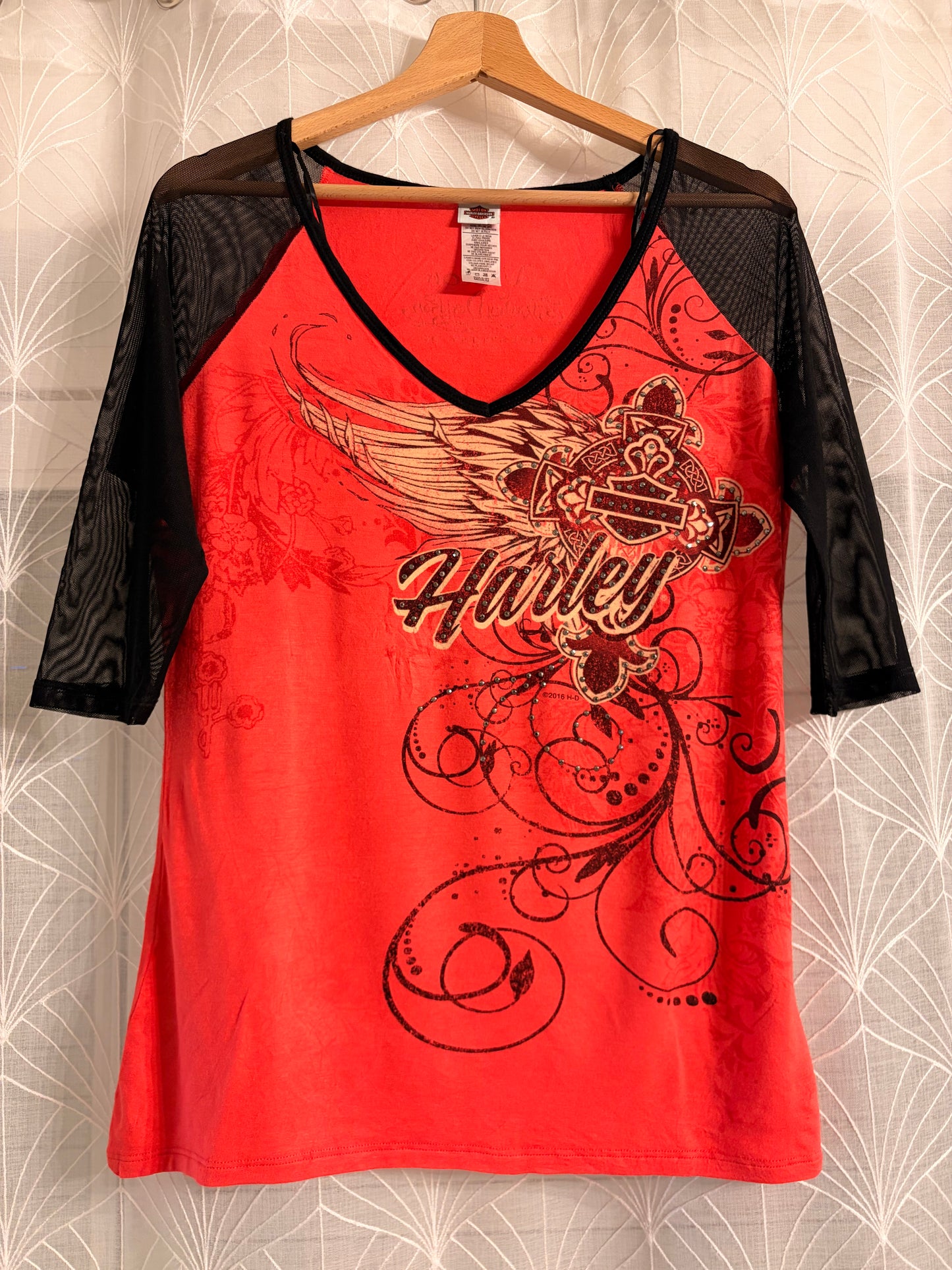 Top Harley-Davidson Rouge/Corail Manches Résille Noir Style Y2K Biker – Femme – Taille M