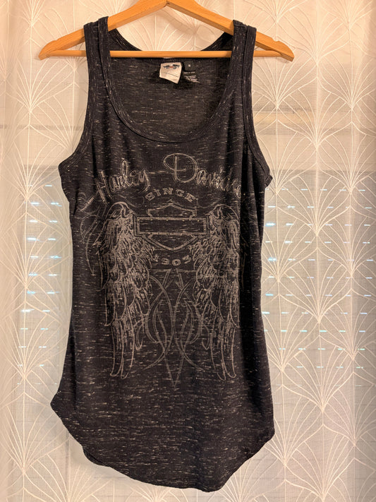Débardeur Harley-Davidson Genuine MotorClothes Gris Anthracite Chiné Motif Ailes Strass Tissu Côtelé Stretch – Femme – Taille M