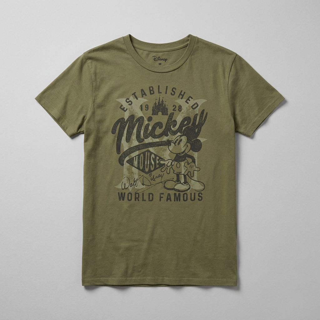T-shirt officiel Disney Mickey Mouse Established 1928 kaki olive vintage 100% coton mixte taille M – Mode Seconde