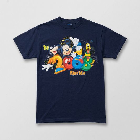 T-shirt Vintage Disney Parks Walt Disney World Florida 2008 Bleu Marine Mickey Friends – Mixte – Taille S