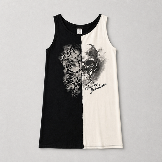 Débardeur long Harley-Davidson Skull & Roses bicolore noir/blanc tunique – Femme – Taille L | Mode Seconde