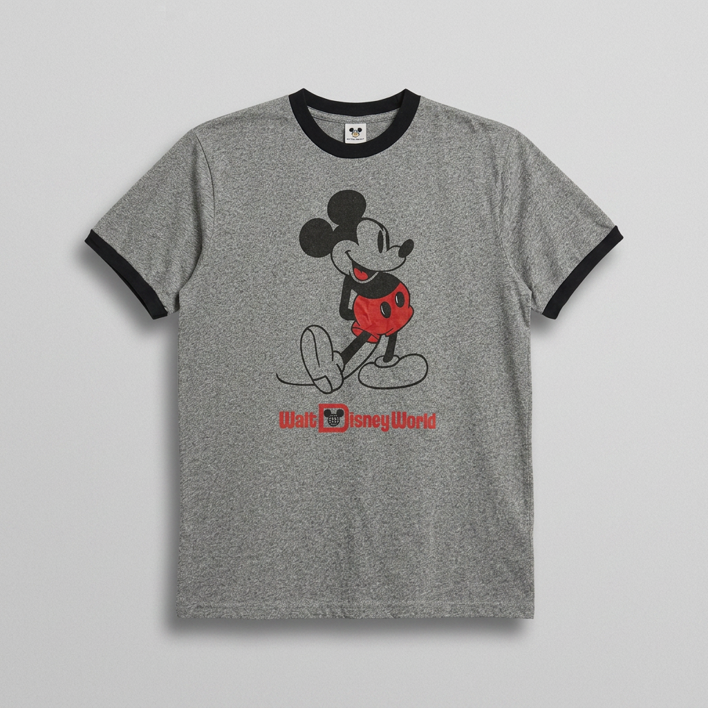 T-shirt officiel Walt Disney World Mickey Mouse vintage ringer gris anthracite finitions noires mixte taille L – Mode Seconde