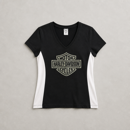 T-shirt officiel Harley-Davidson color block noir blanc col V logo Bar Shield argenté coton élasthanne femme taille S – Mode Seconde