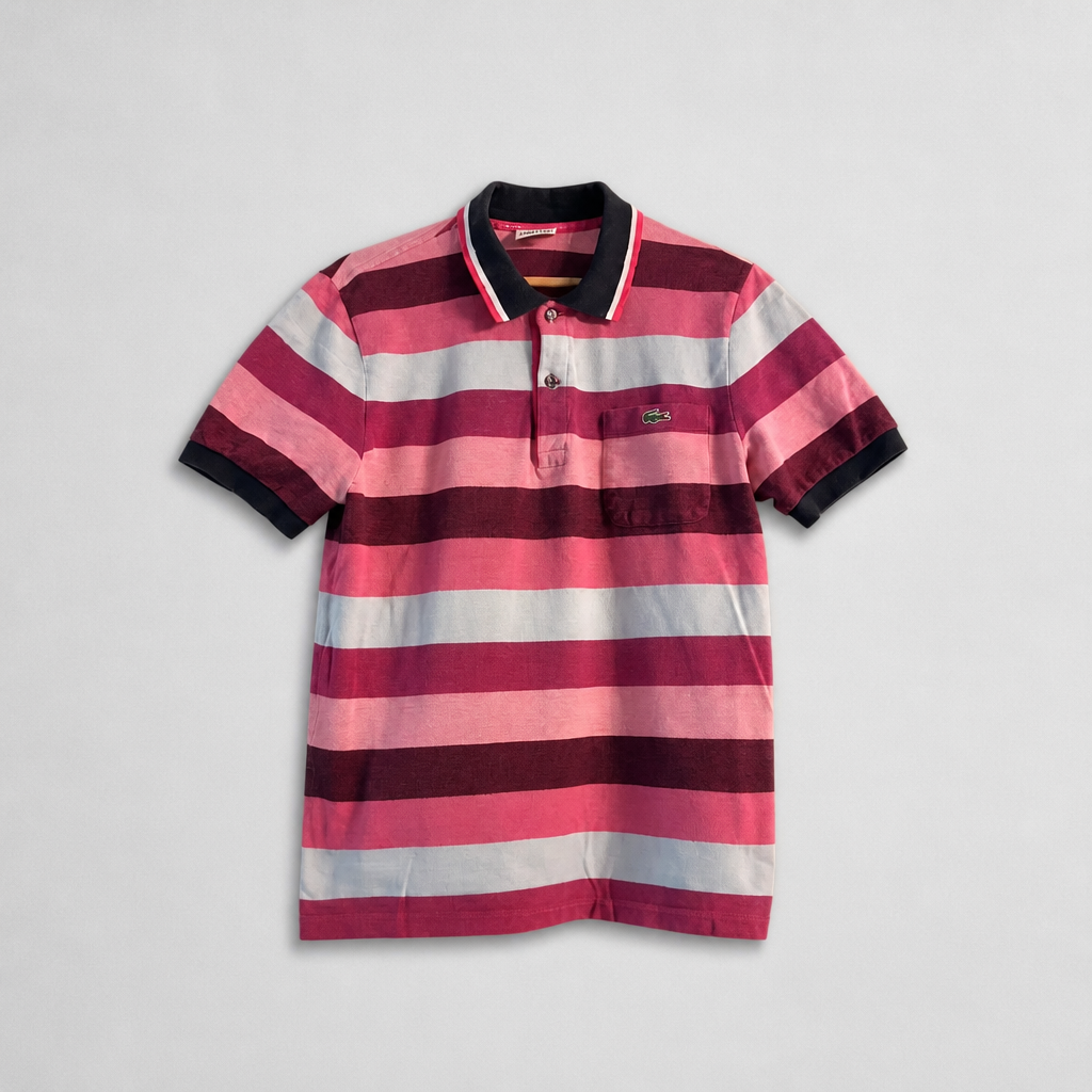 Polo Lacoste vintage rayé rose bordeaux bleu marine 100% coton piqué – Homme – Taille M (4) | Mode Seconde