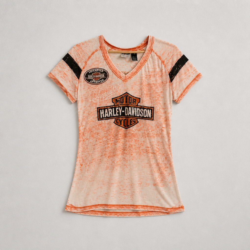 T-shirt officiel Harley-Davidson burnout blanc orange col V paillettes style sport femme taille M – Mode Seconde