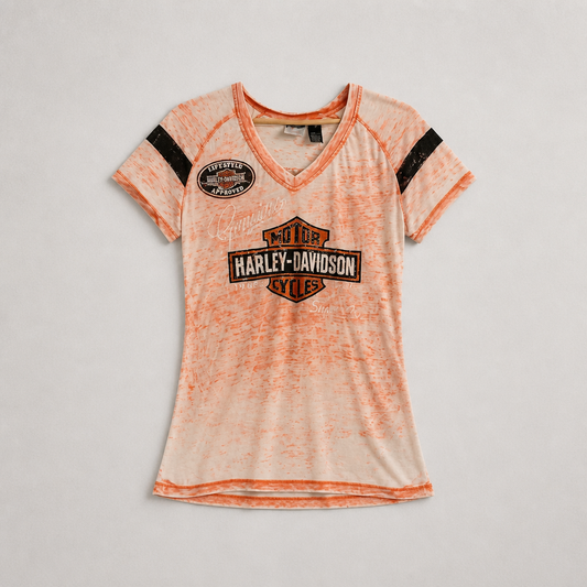 T-shirt officiel Harley-Davidson burnout blanc orange col V paillettes style sport femme taille M – Mode Seconde