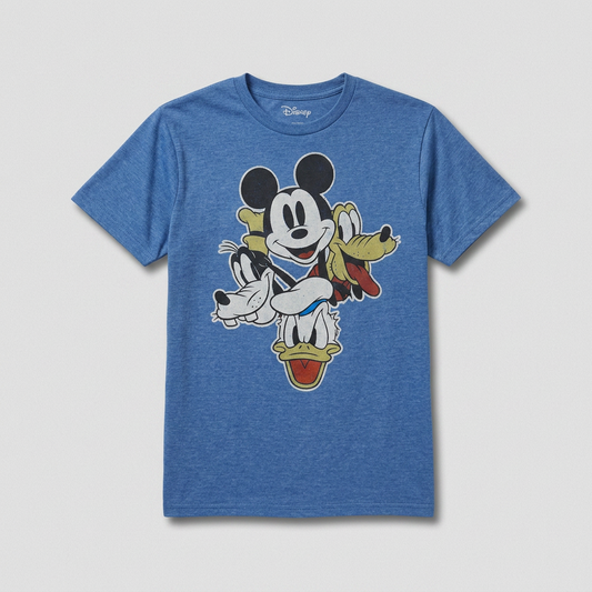 T-shirt officiel Disney Mickey Donald Dingo Pluto bleu jean chiné imprimé vintage femme taille S – Mode Seconde