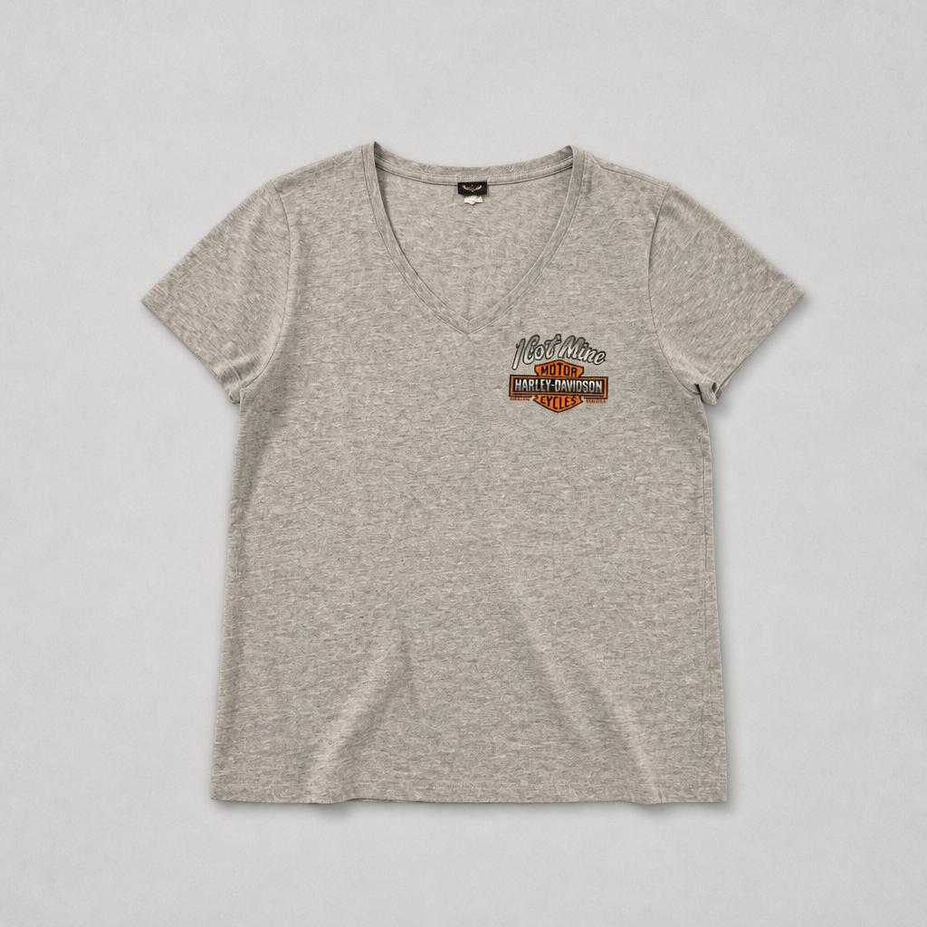 T-shirt officiel Harley-Davidson I Got Mine col V gris chiné logo Bar Shield orange noir femme taille L – Mode Seconde