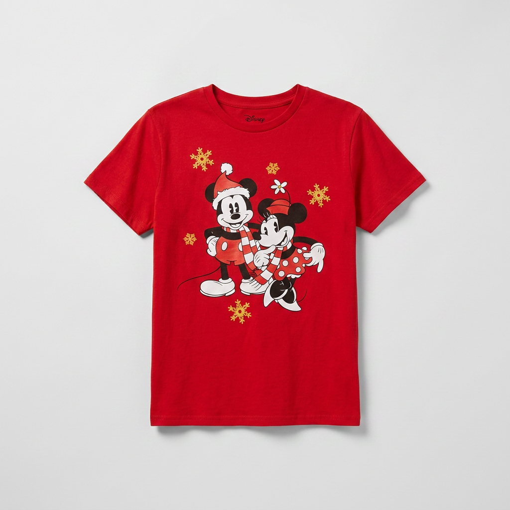 T-shirt officiel Disney Noël Mickey Minnie rouge imprimé festif flocons 100% coton mixte taille M – Mode Seconde